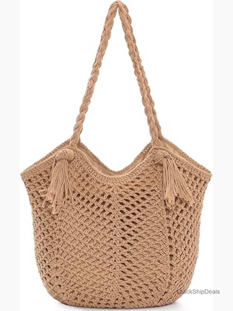 Crochet Beach Bag, Summer Woven Tote Bag With Lining, Soft Purse Shoulder Bag
